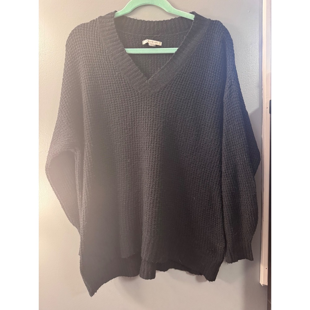 American Eagle Waffle Knit V-Neck Sweater Black Oversized Pullover‎ Womens Small